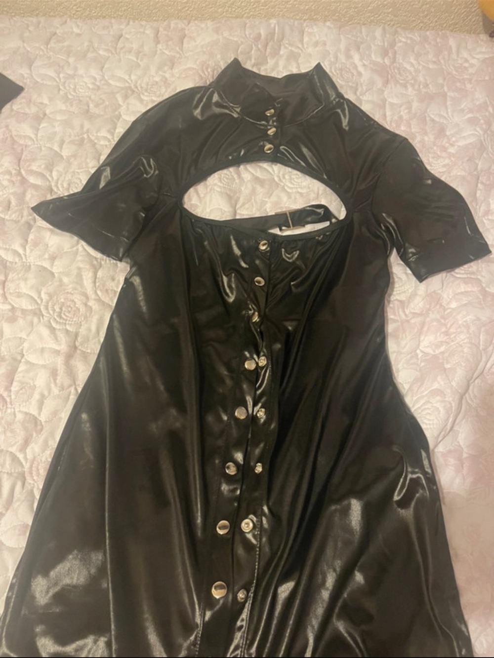 Black Faux Leather Button-Front Cutout Dress